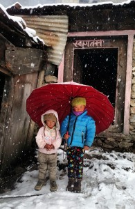 Namaste. Namaste. These two little voices greeted the Everest group as they walked into Tengboche. Photo  Maureen Seeley