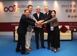 AEN board members: on the left, Dr. Alan Wong, Hong Kong; Masaru Takayama, Japan; on the right Dr. Mihee Kang, South Korea; in the center GSTC Chair Luigi Cabrini and CEO Randy Durband