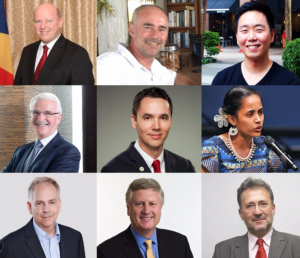 Picture: Top Row L/R: Alain St.Ange, Minister, Ministry of Tourism & Culture Seychelles; Andrew Dixon, Owner, Nikoi and Cempedak Islands, and Derek Toh, Founder and CEO, WOBB.CO. Middle Row L/R: Gerald Lawless, Head of Tourism and Hospitality, Dubai Holding; Jon Nathan Denight, Executive Director, Guam Visitors Bureau, and Kathy Jetnil-Kijiner, Marshall Islands Poet. Bottom Row L/R: Mario Hardy, CEO, Pacific Asia Travel Association (PATA); Mark Schwab, CEO, Star Alliance, and Zoltán Somogyi, Executive Director for Programme and Coordination, World Tourism Organization (UNWTO).
