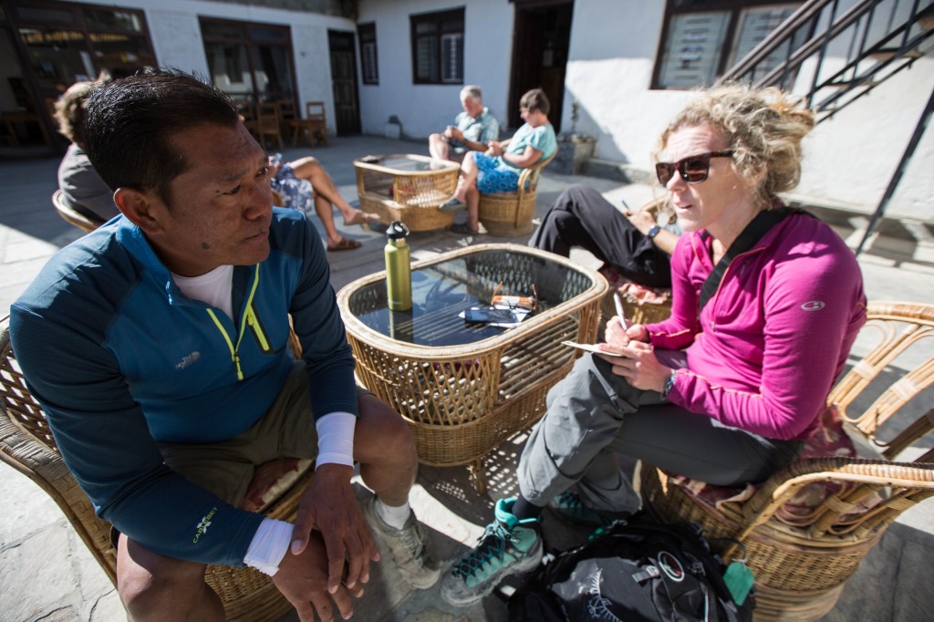 Stephanie Pearson conducts an interview for a story about AdventureWeek Rebound Nepal © ATTA / Eric Larsen