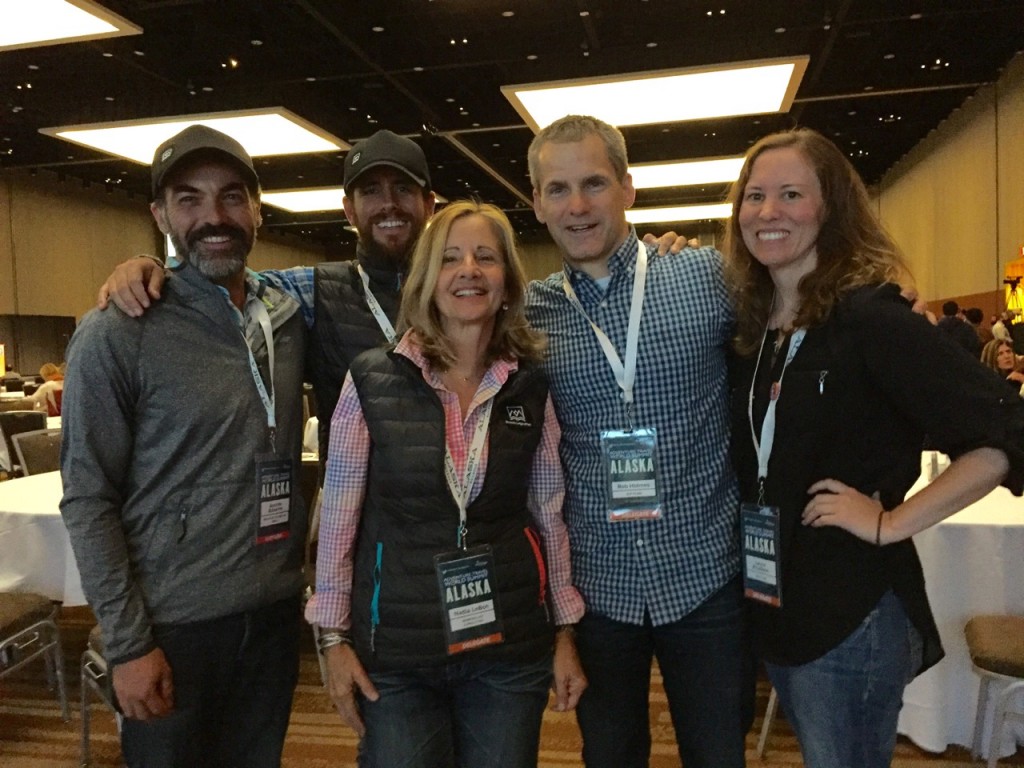 Team members from GLP Films and Mountain Lodges of Peru in attendance at ATWS Alaska, just after “Salkantay Inca Trail: The Ultimate Trek to Machu Picchu” was announced as winner for the Adventure in Motion film contest. From left to right: Andrés Adasme, Enrique Umbert Jr., Nadia Le Bon, Rob Holmes, Laura Knudson